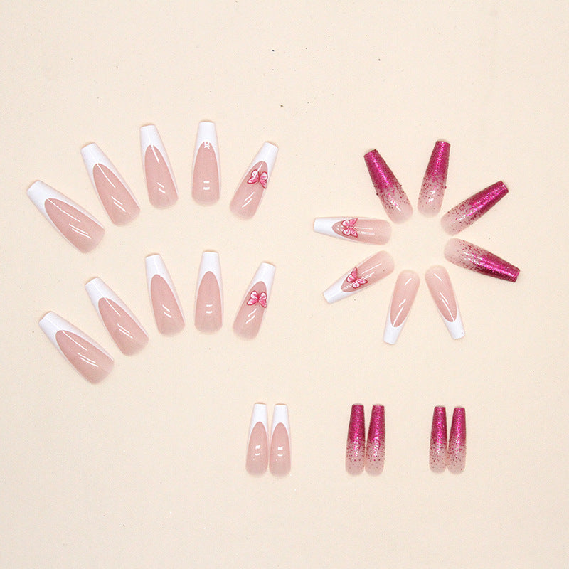 Long coffin french style nails butterfly style and white edge manicure-24 pcs false nails & nail tools included