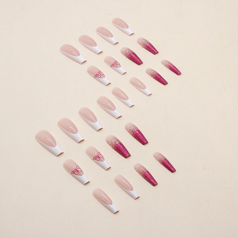 Long coffin french style nails butterfly style and white edge manicure-24 pcs false nails & nail tools included