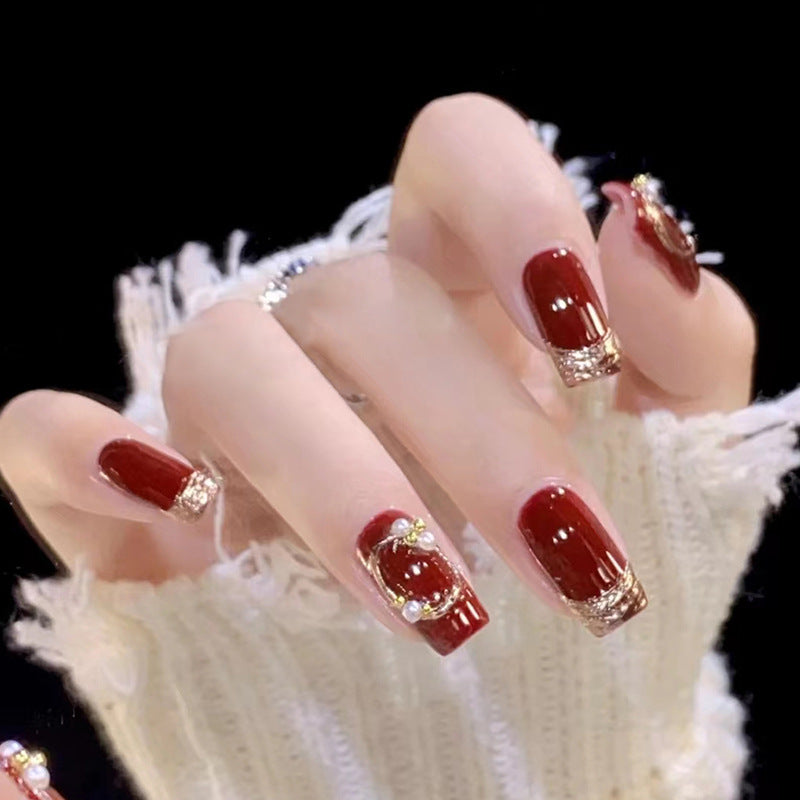 Short round press on nails diamond shine & red wine color - 24 pieces nails & nail tools included