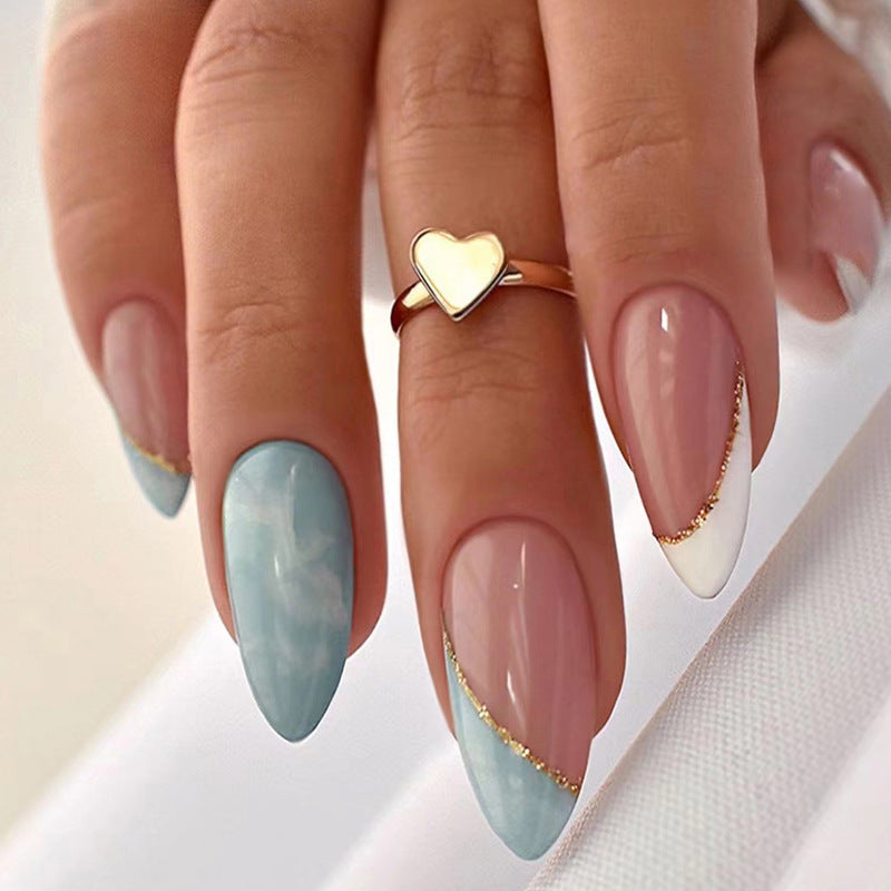 Short Almond nails French style sky blue color press on nails - 24 pieces nail