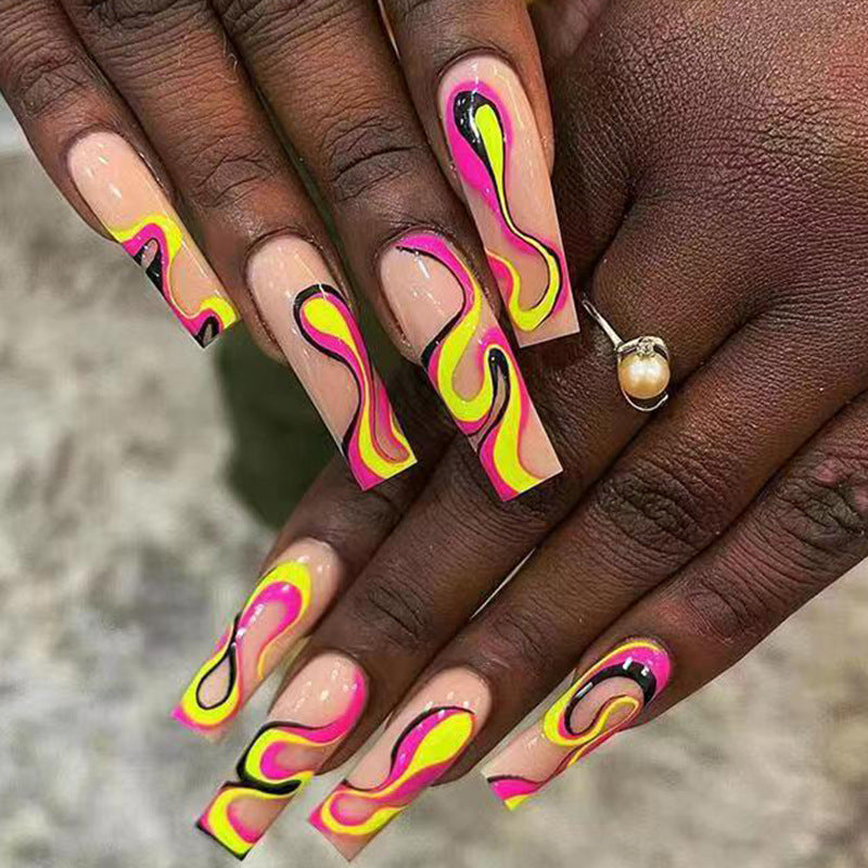 Long coffin Nails Ballet design false nail with Multi-Color Wave Pattern-24 pcs included & glue for press on