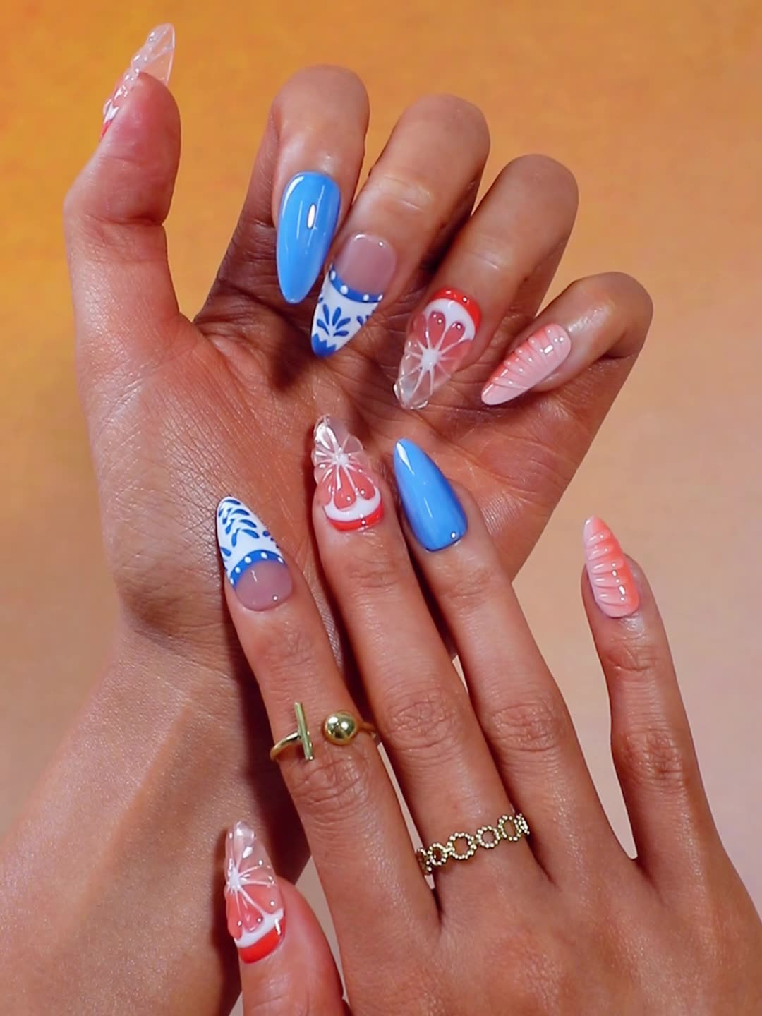 summer press on nails, fresh ocean orange fruit 3D stereoscopic high-quality fake nails - 24 pcs & nail tools included