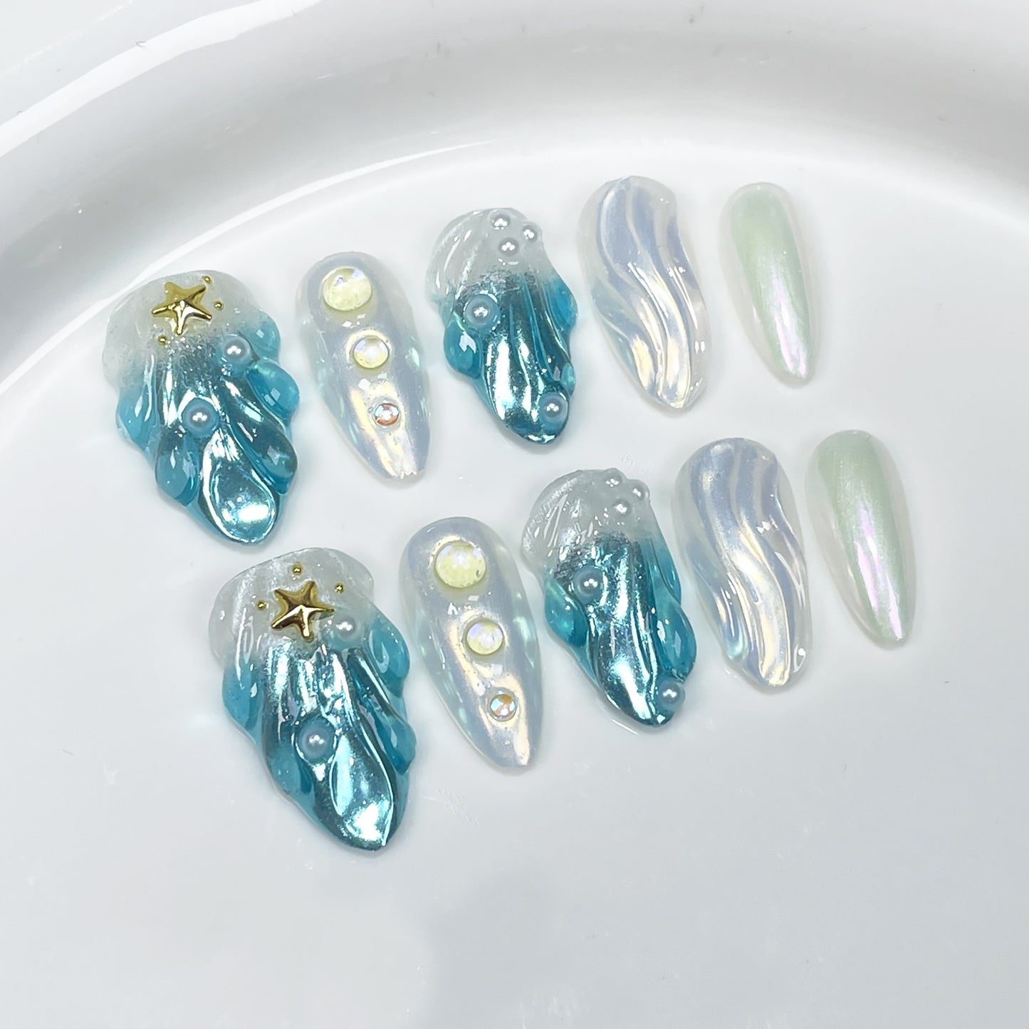 Handmade Almond nails Summer vibe shine shell design Sea wave color 10 pieces for 4 sizes & nail tools included