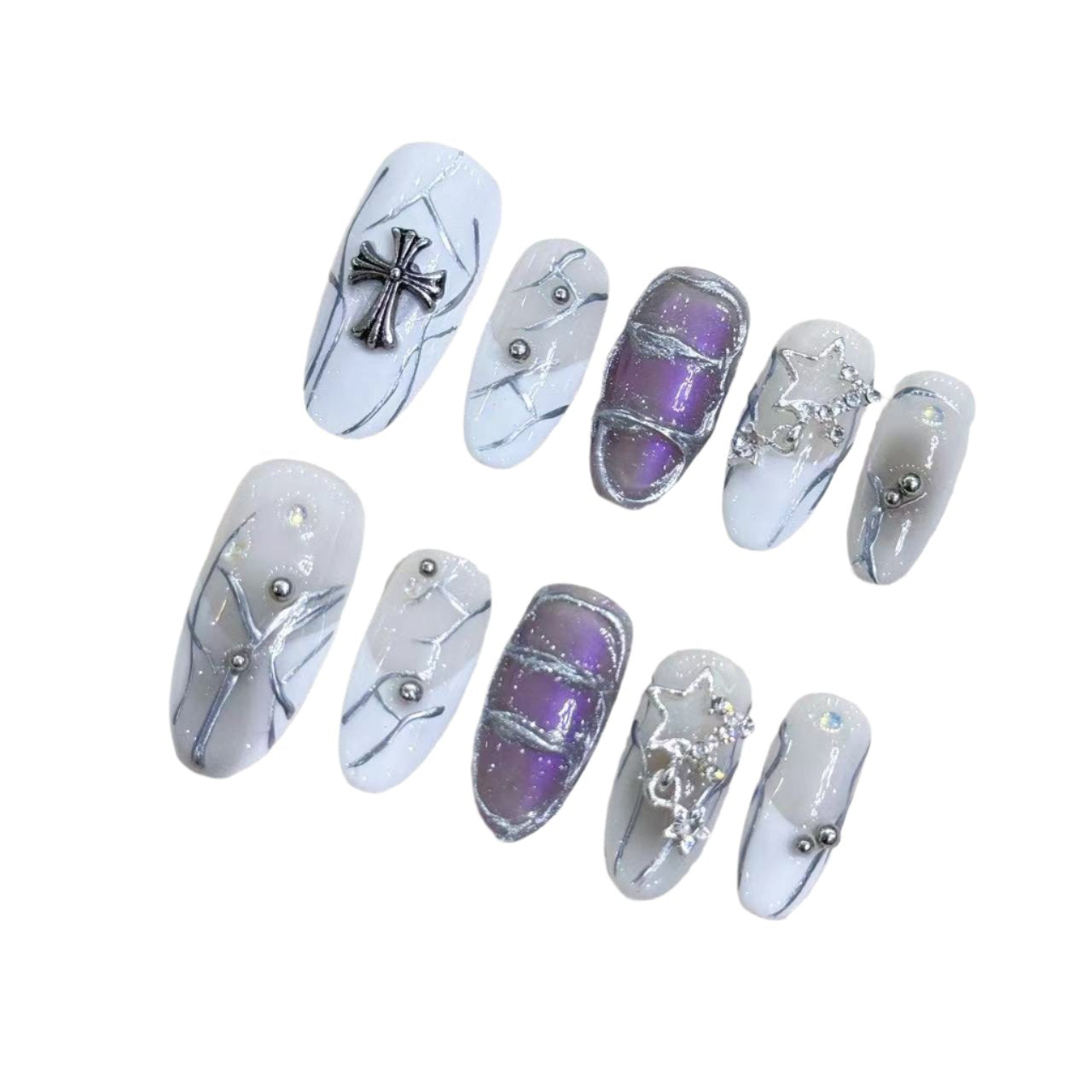 Violet press on nails Handmade with cross design 3D false nail- 4 sizes & nails tools included