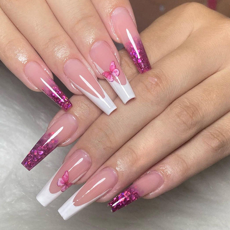 Long coffin french style nails butterfly style and white edge manicure-24 pcs false nails & nail tools included