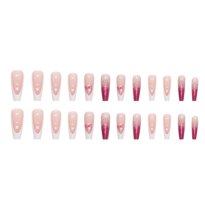 Long coffin french style nails butterfly style and white edge manicure-24 pcs false nails & nail tools included