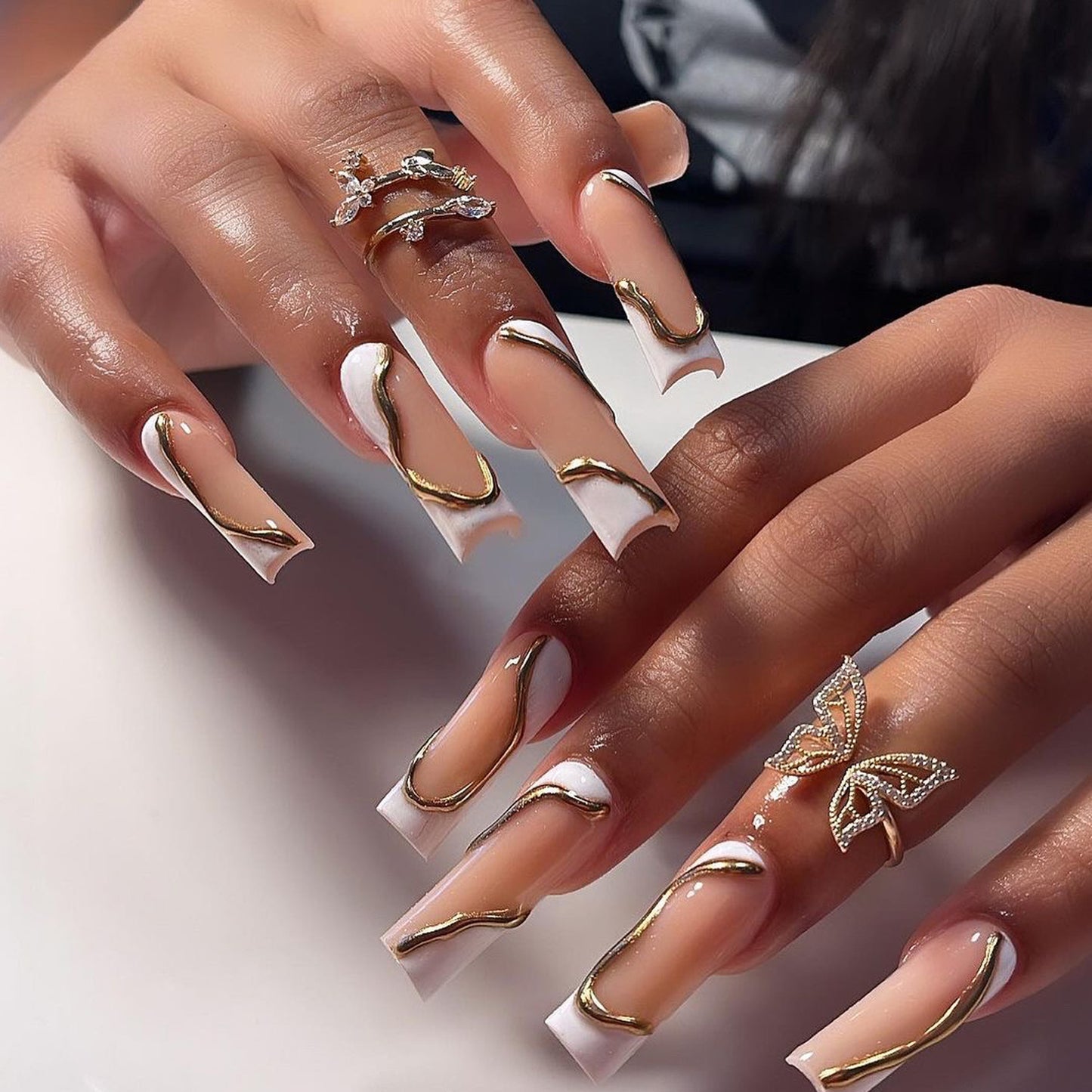 3D French white press on nail plate long ballet gold wave stripe nail art 24pcs & nail tools included