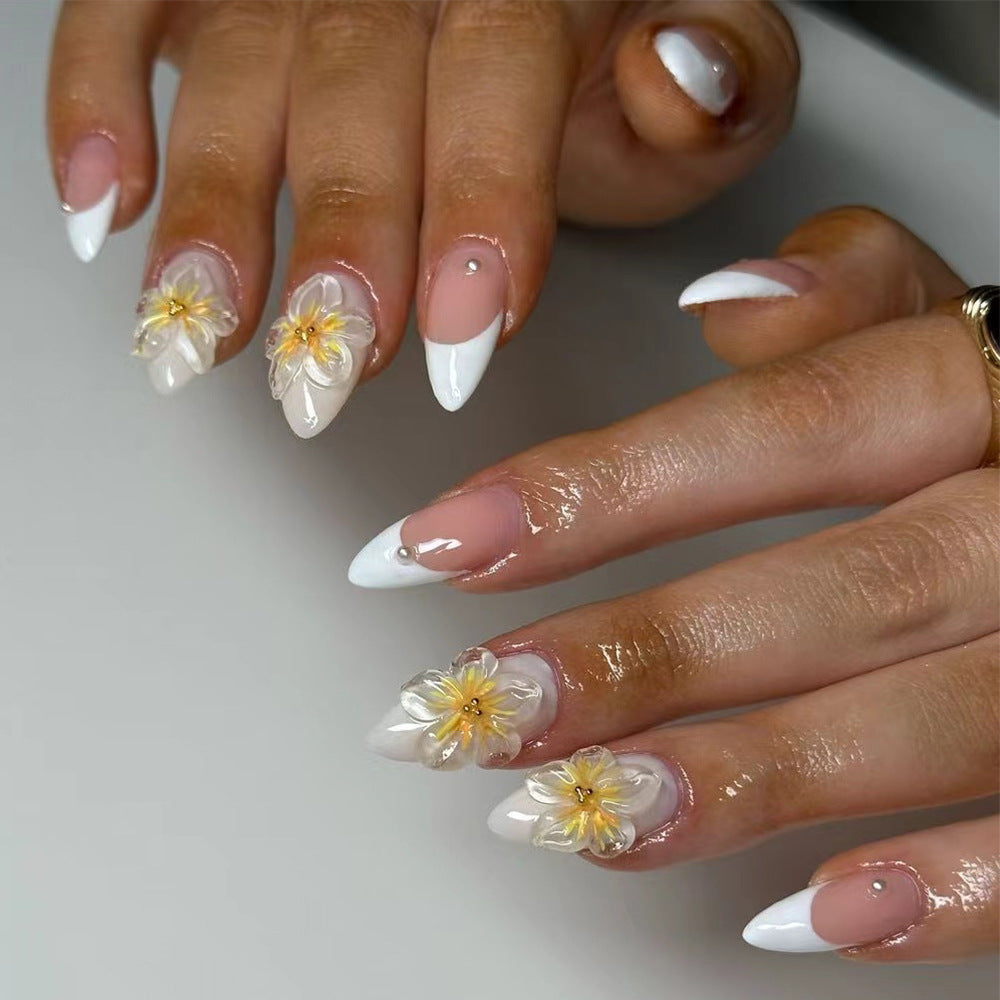 Short Almond fake nail 3D sunflower french trending nail