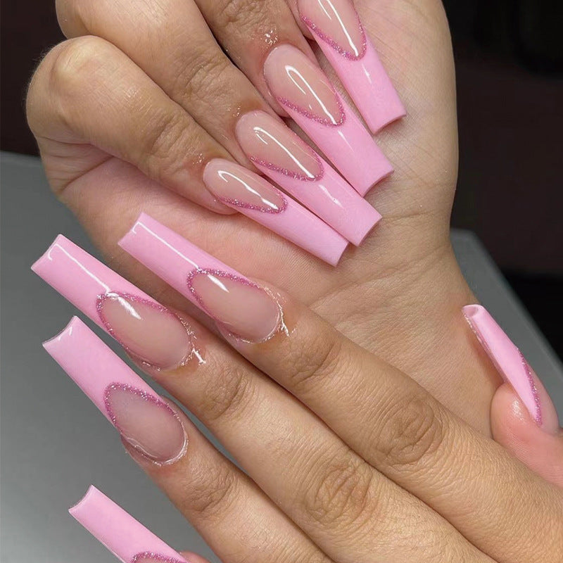 French pink press on nail long style fake nails - 24 pcs & nail tools included