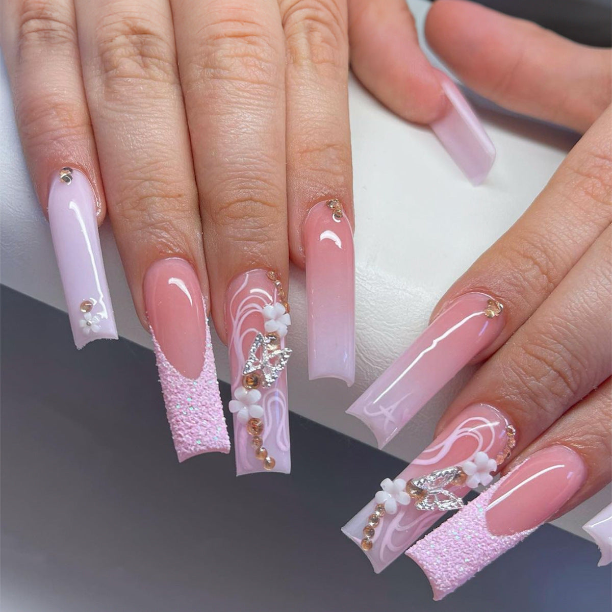 long press on nail long coffin style nails flower and butterfly nail art 24 pcs & nails tools included