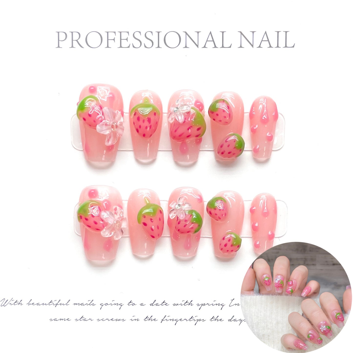 Handmade nails DIY strawberry color and 3D design cutie nails - 10 pieces in 4 sizes