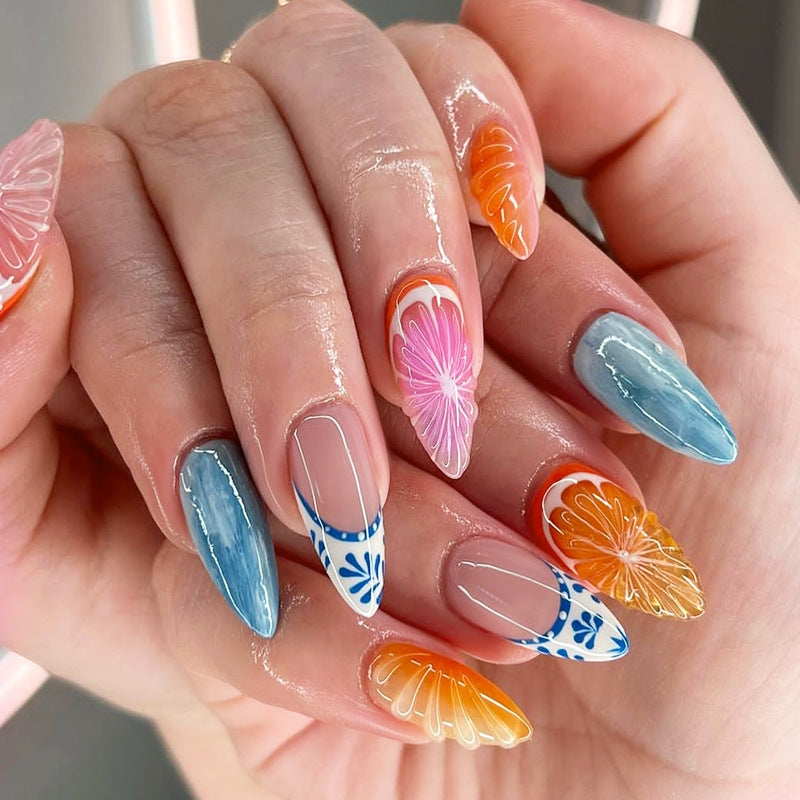 summer press on nails, fresh ocean orange fruit 3D stereoscopic high-quality fake nails - 24 pcs & nail tools included