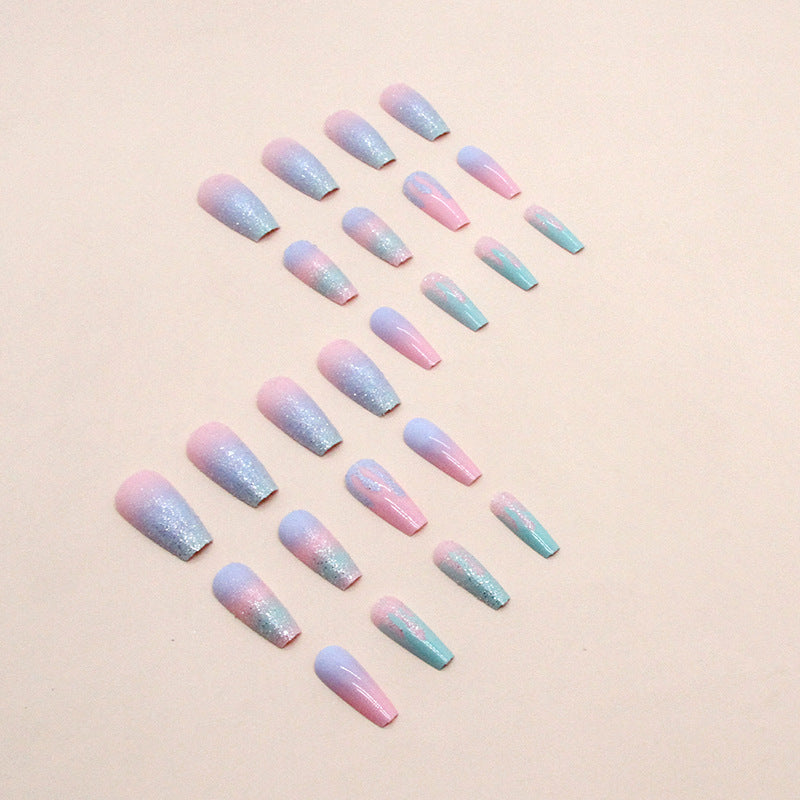 Long Sweet and Sparkling Girl Macaron press on nail Art Flow Heart Summer Cute Fake Nail - 24 pcs nails & nail tools included