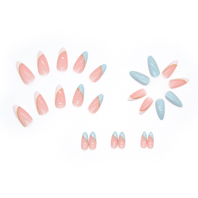 Short Almond nails French style sky blue color press on nails - 24 pieces nail