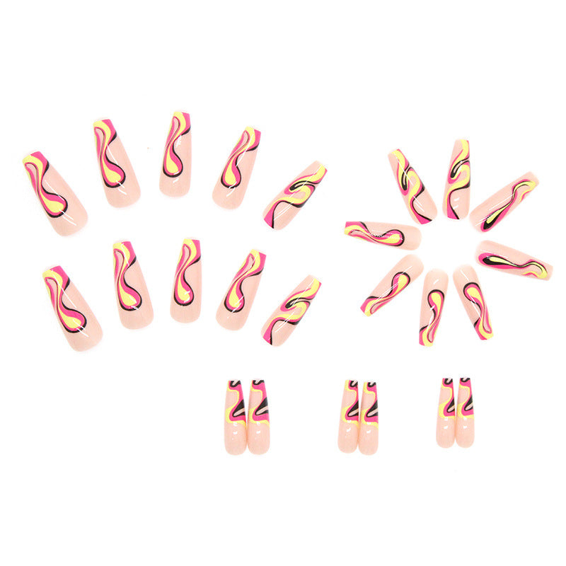 Long coffin Nails Ballet design false nail with Multi-Color Wave Pattern-24 pcs included & glue for press on