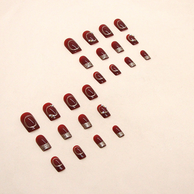 Short round press on nails diamond shine & red wine color - 24 pieces nails & nail tools included