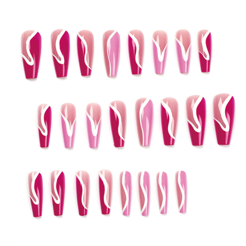 Ballet Pink Nails with White Stripes-24 pcs sizes & nail press on tools