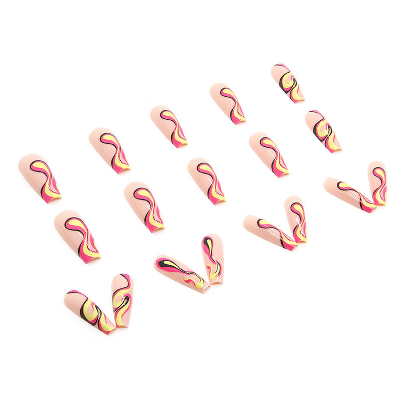 Long coffin Nails Ballet design false nail with Multi-Color Wave Pattern-24 pcs included & glue for press on
