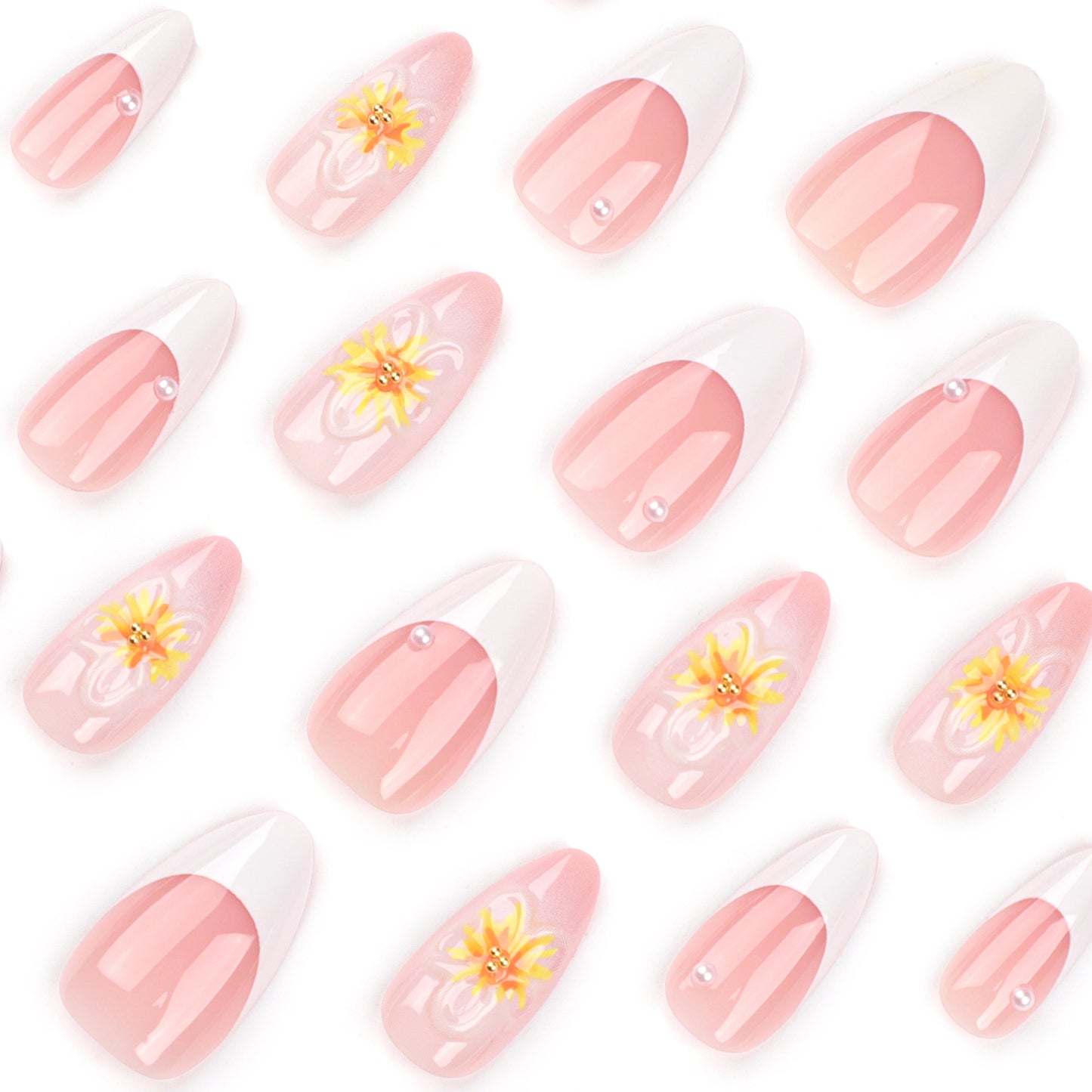 Short Almond fake nail 3D sunflower french trending nail
