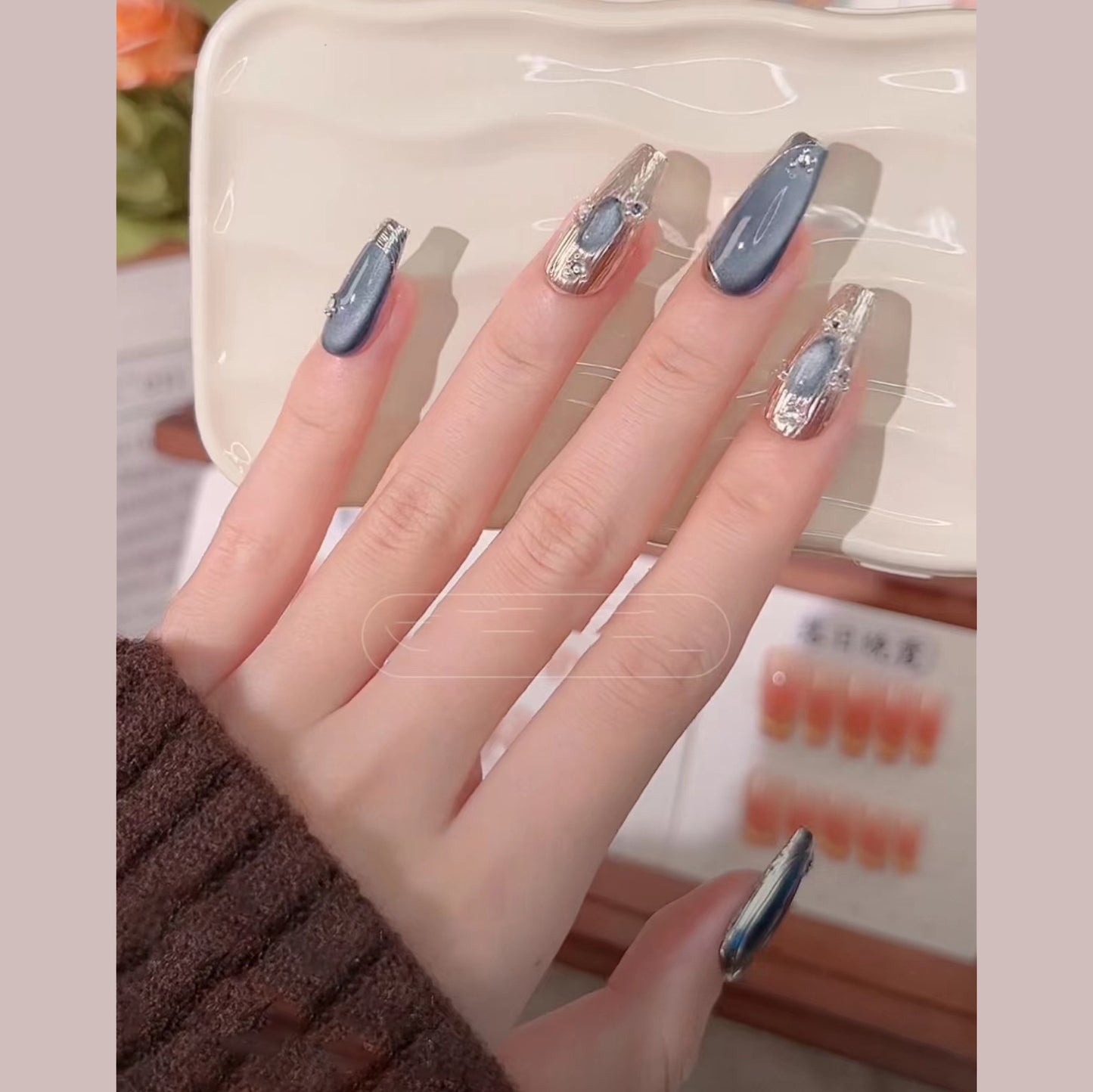 Handmade nails press on Blue crystal & cat eyes style - 4 sizes & press on tool included