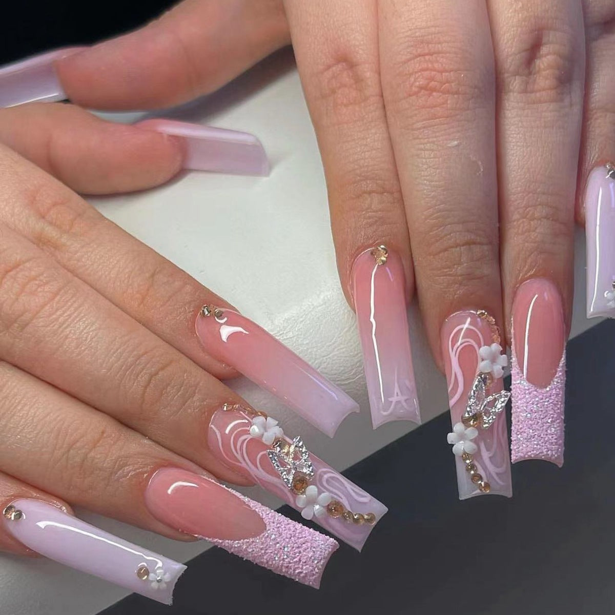 long press on nail long coffin style nails flower and butterfly nail art 24 pcs & nails tools included