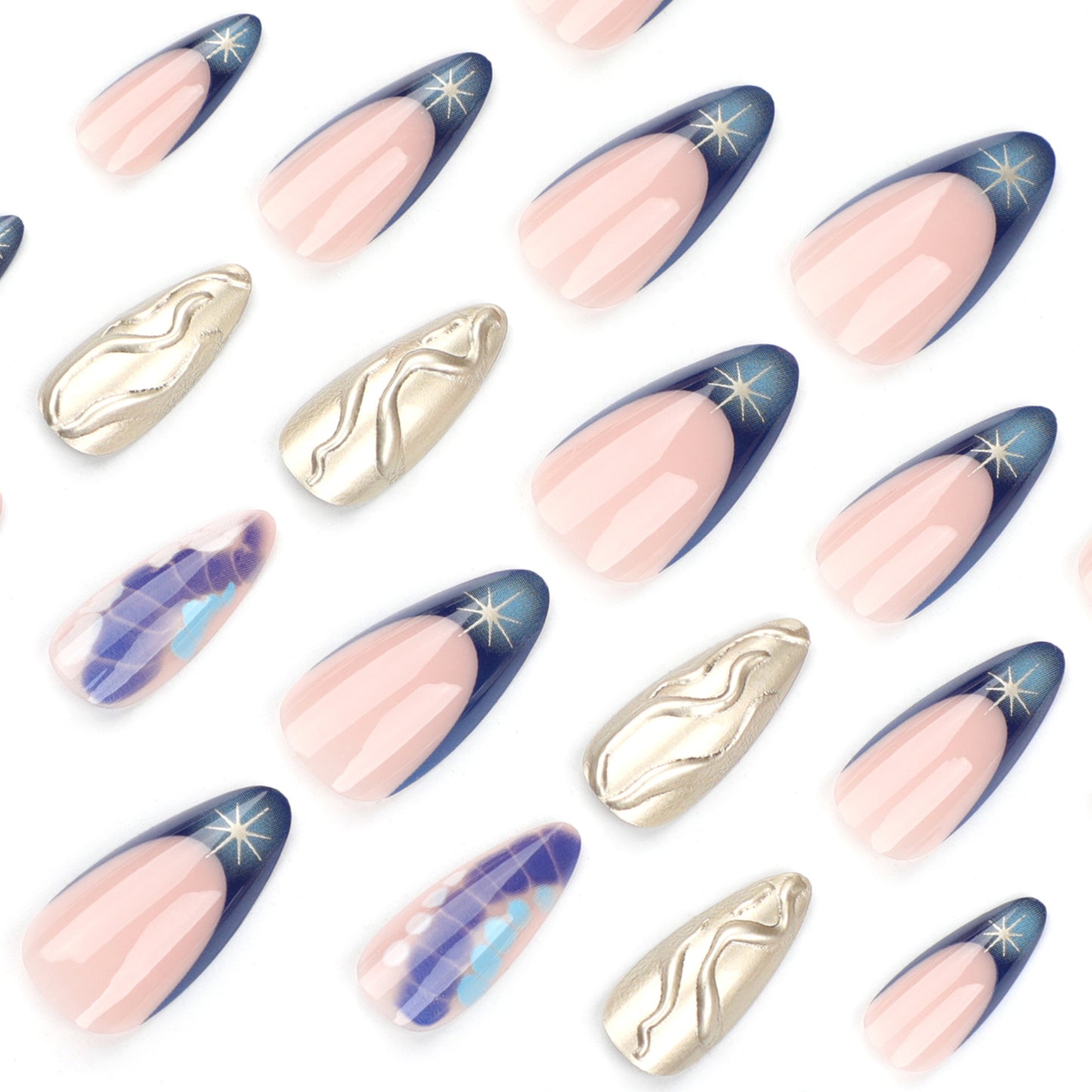 3D golden press on nail French crocodile pattern nail art short style almond gradient blurred fake nails -24 pcs & nail tools included