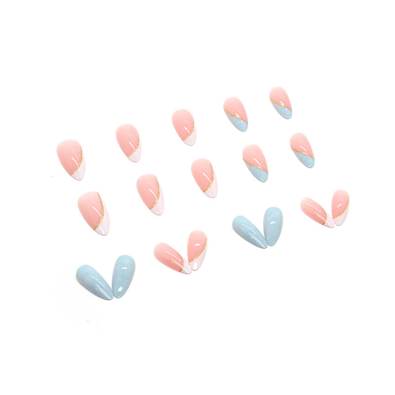 Short Almond nails French style sky blue color press on nails - 24 pieces nail