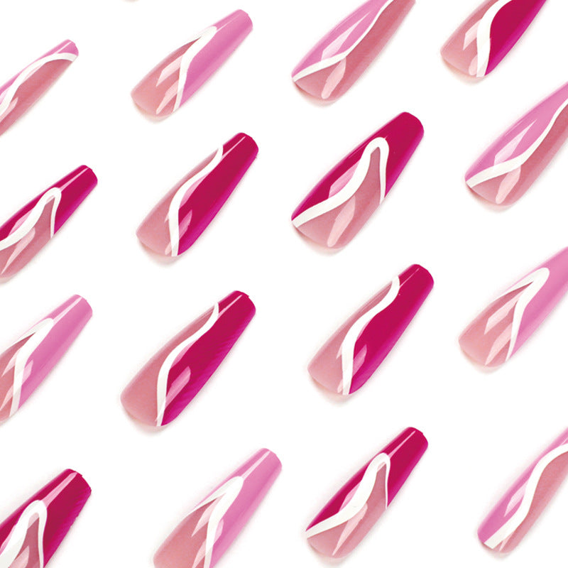 Ballet Pink Nails with White Stripes-24 pcs sizes & nail press on tools