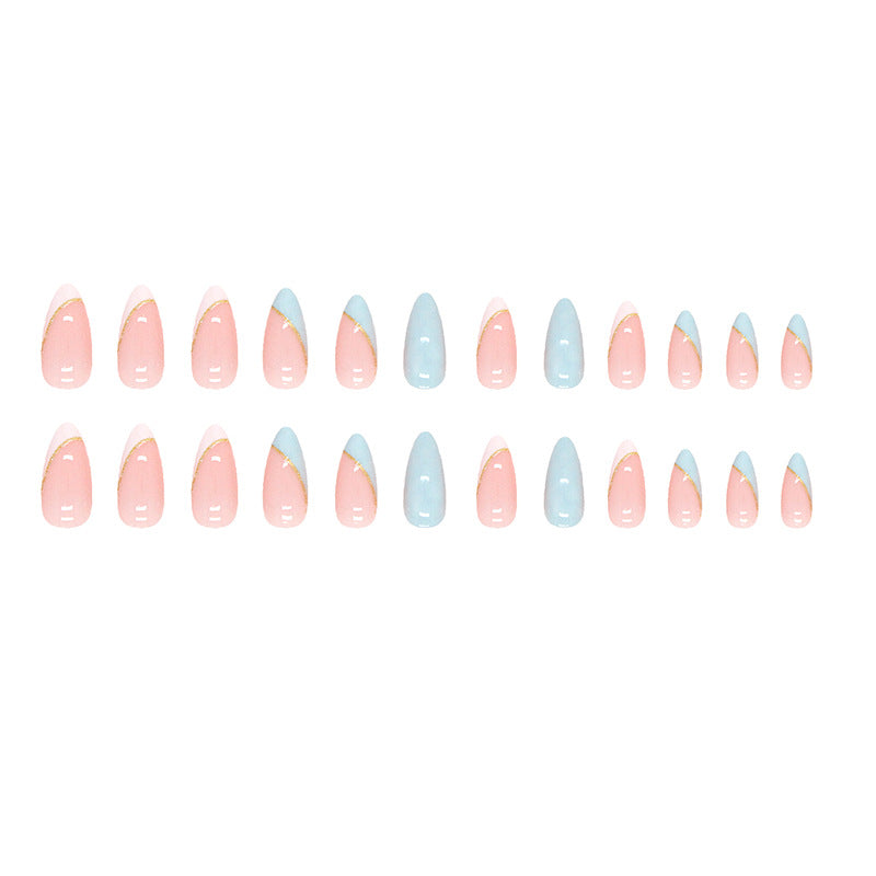 Short Almond nails French style sky blue color press on nails - 24 pieces nail
