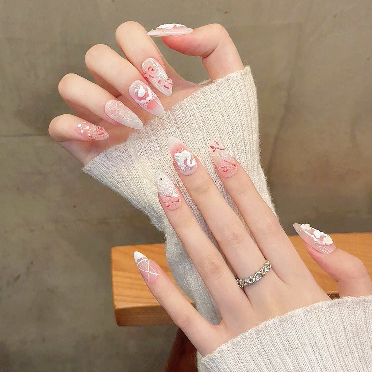 Handmade Almond nails 3D flower pinky false nail new chinese style - 10 pieces in 4 sizes & nail tools included