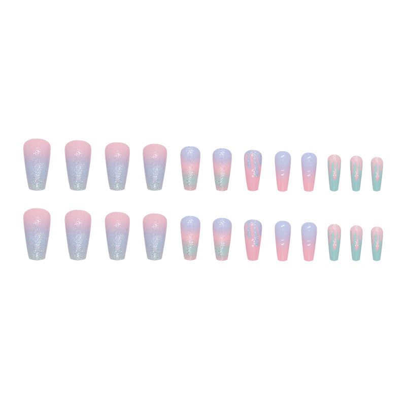 Long Sweet and Sparkling Girl Macaron press on nail Art Flow Heart Summer Cute Fake Nail - 24 pcs nails & nail tools included