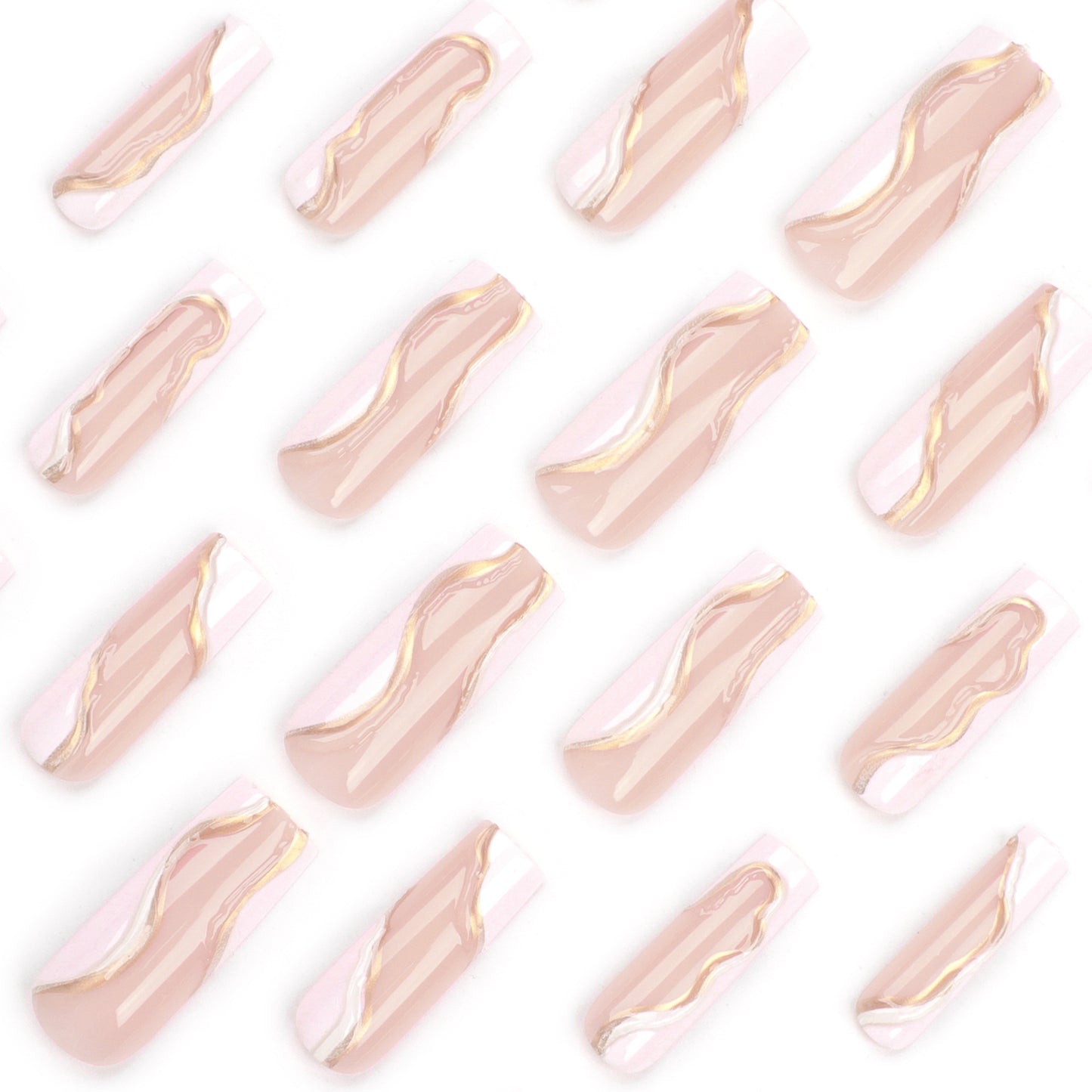 3D French white press on nail plate long ballet gold wave stripe nail art 24pcs & nail tools included