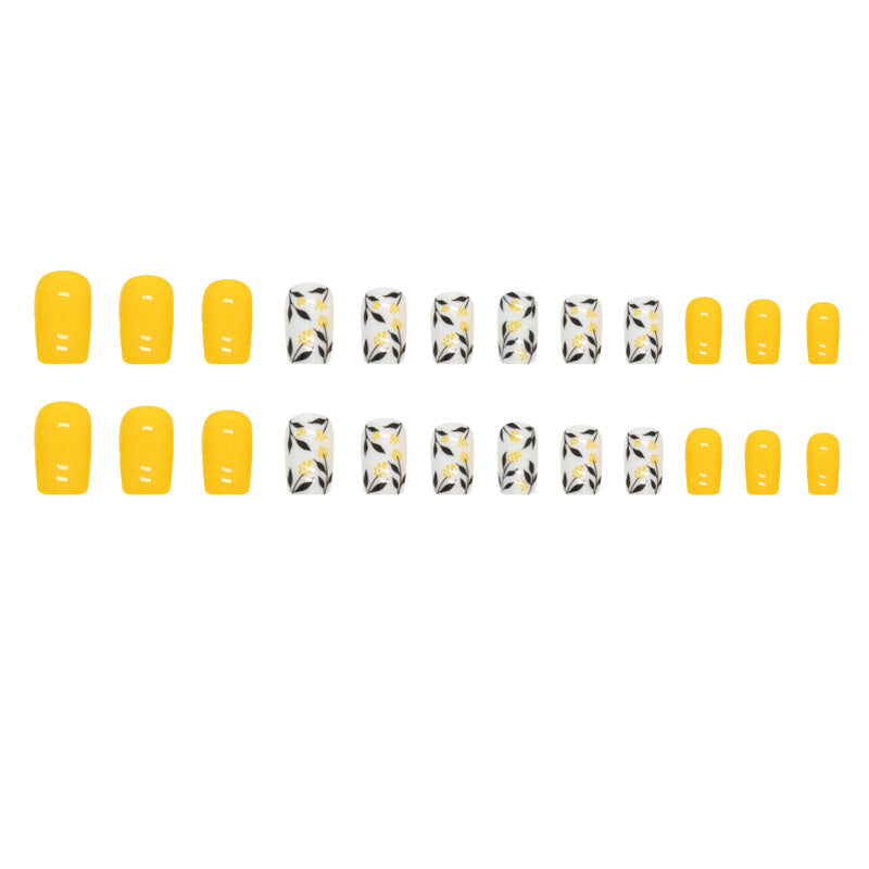 Short square summer yellow leaf design press on nail-24 pcs & nail tools