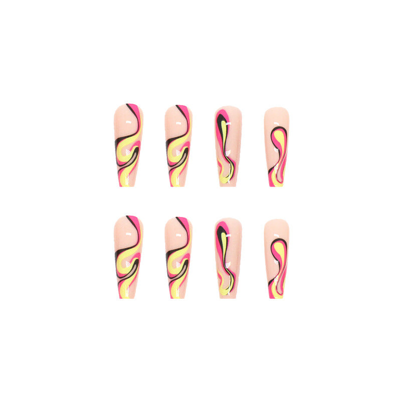 Long coffin Nails Ballet design false nail with Multi-Color Wave Pattern-24 pcs included & glue for press on