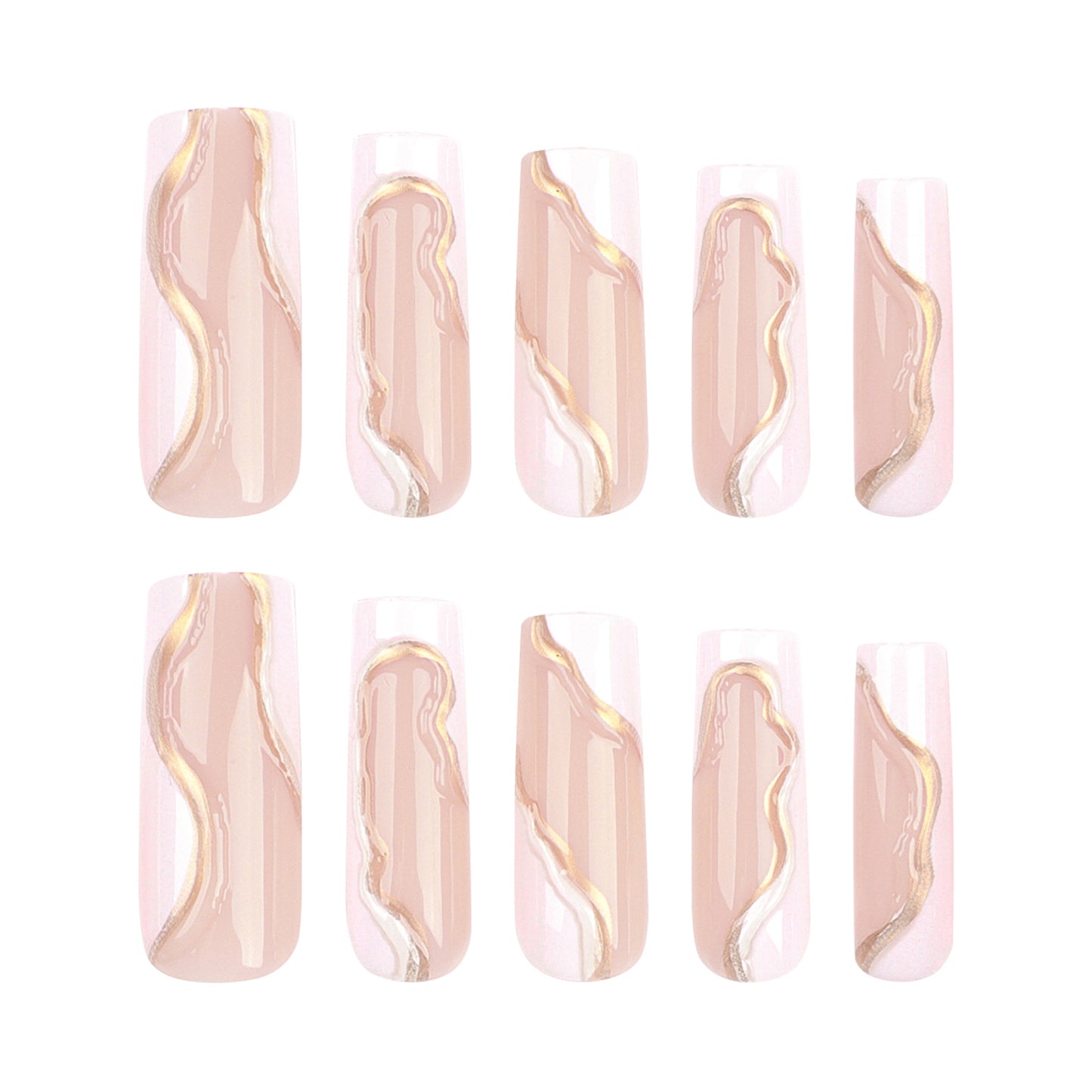 3D French white press on nail plate long ballet gold wave stripe nail art 24pcs & nail tools included
