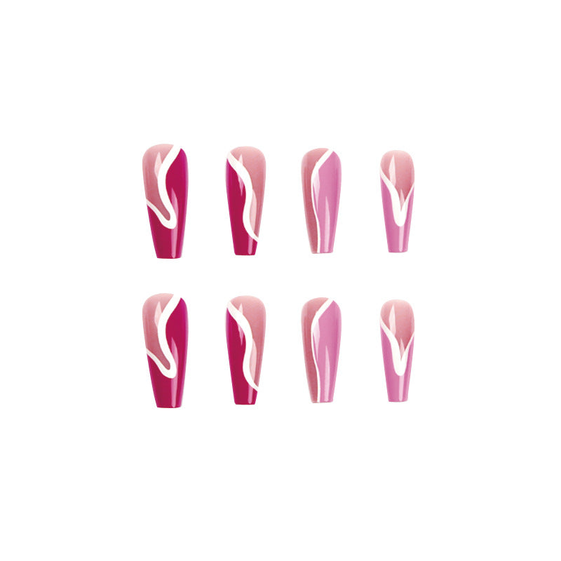 Ballet Pink Nails with White Stripes-24 pcs sizes & nail press on tools