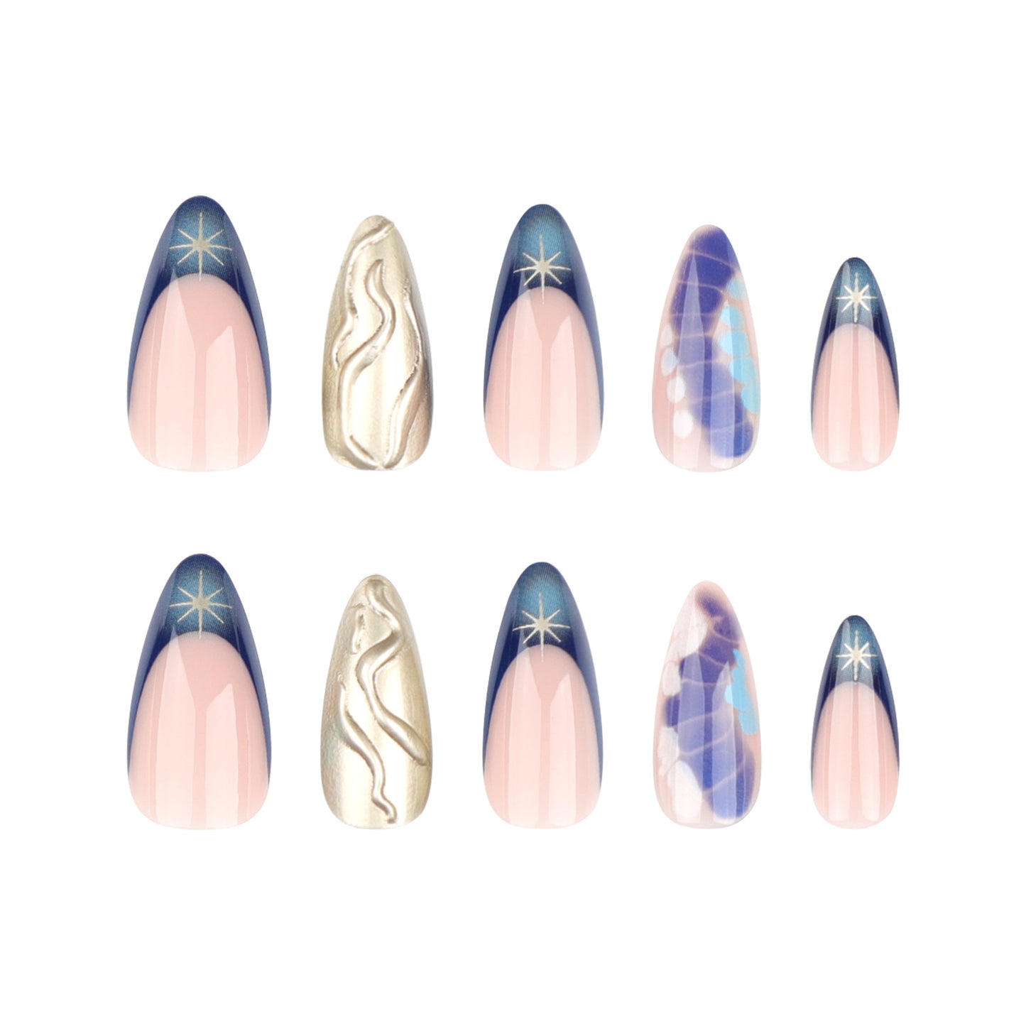3D golden press on nail French crocodile pattern nail art short style almond gradient blurred fake nails -24 pcs & nail tools included