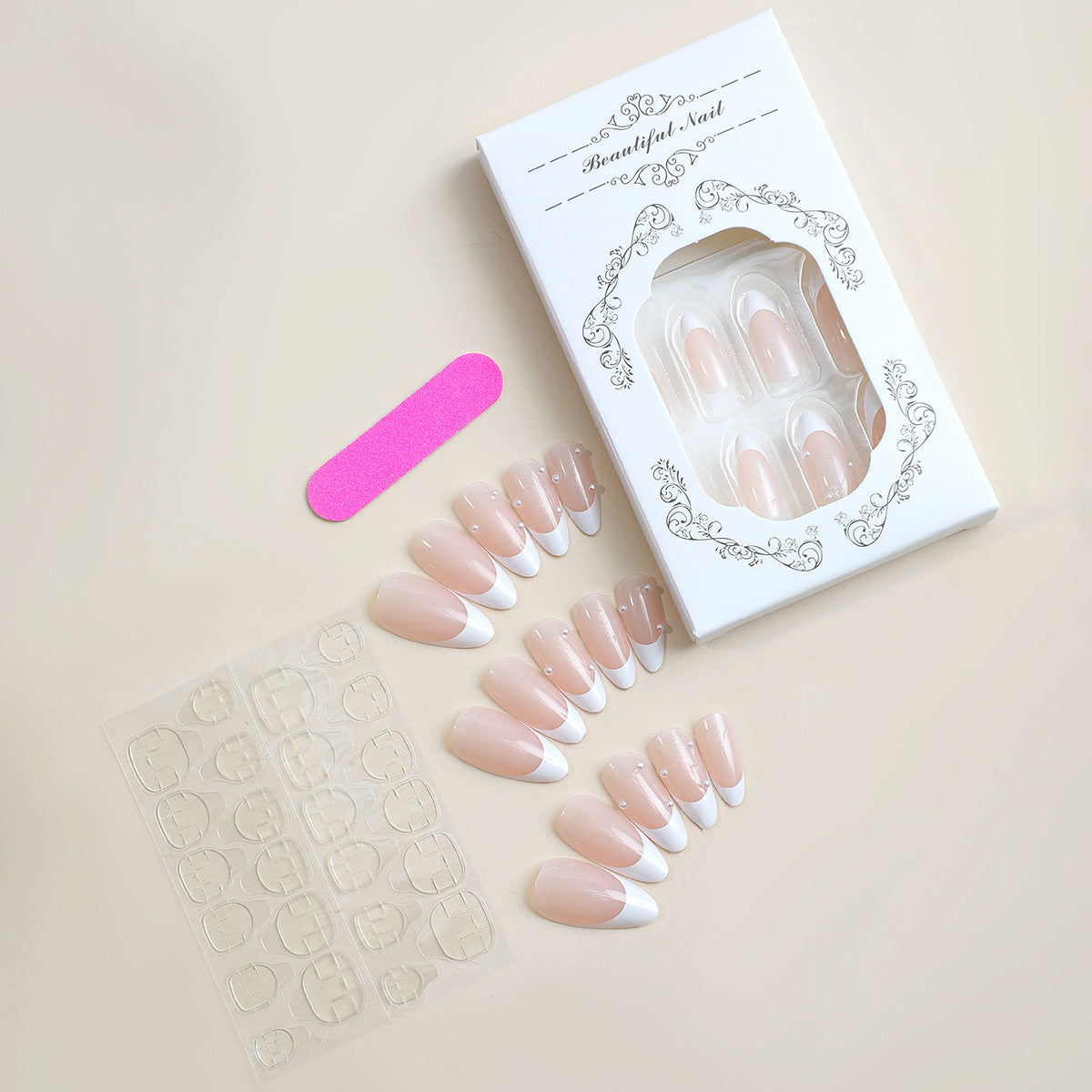 French style pearl white edge short press on nail jelly style - 24 pieces nail & jelly sticker for press on