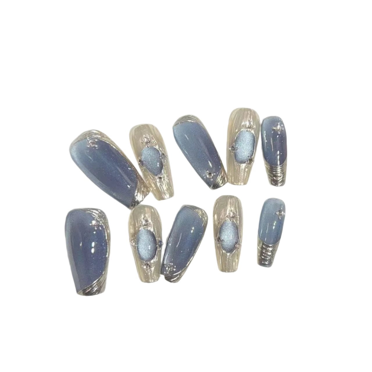 Handmade nails press on Blue crystal & cat eyes style - 4 sizes & press on tool included