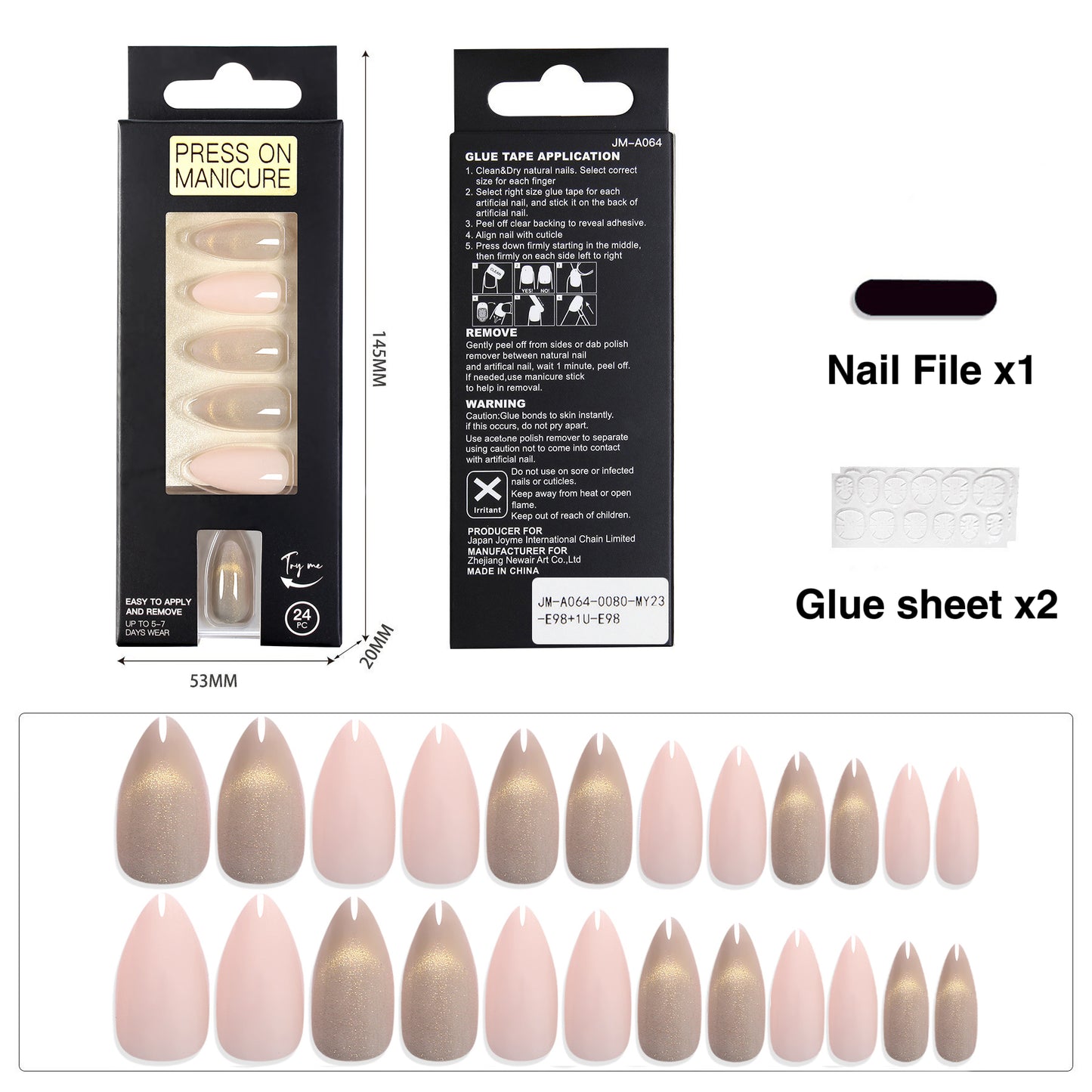 Ongles portables œil de chat français, morceaux d'ongles finis, 24 pièces, ongles en amande - Rose