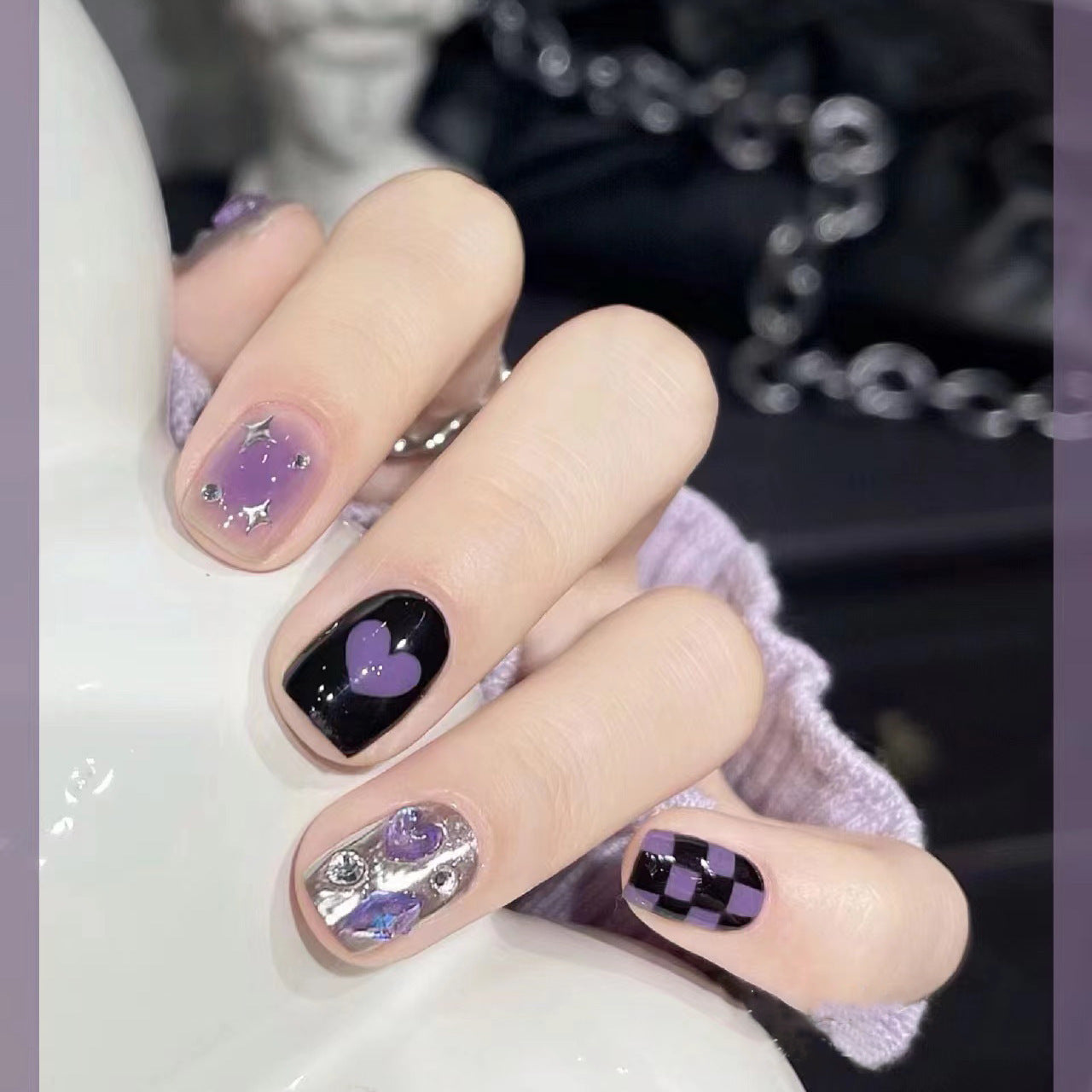 Handmade nail, press on nail, dark purple color, Millennium Girl, silver magic mirror, chessboard pattern nail art