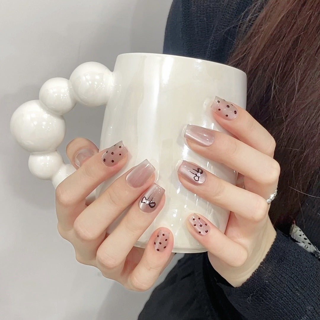 Handmade Luxury Design False Nail Butterfly & Polka dots with French styles press on nails