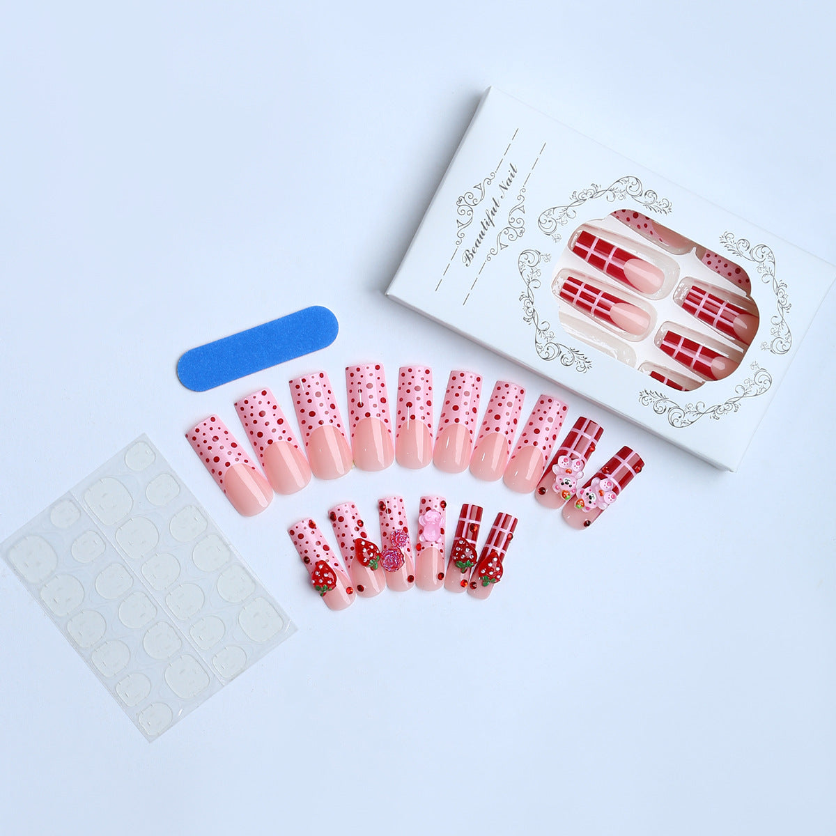 Long Polka Dot Nail Art Strawberry Cute Bear Rose Embellishment