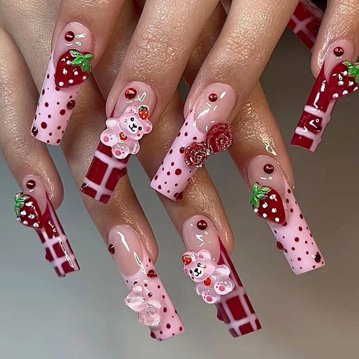 Long Polka Dot Nail Art Strawberry Cute Bear Rose Embellishment