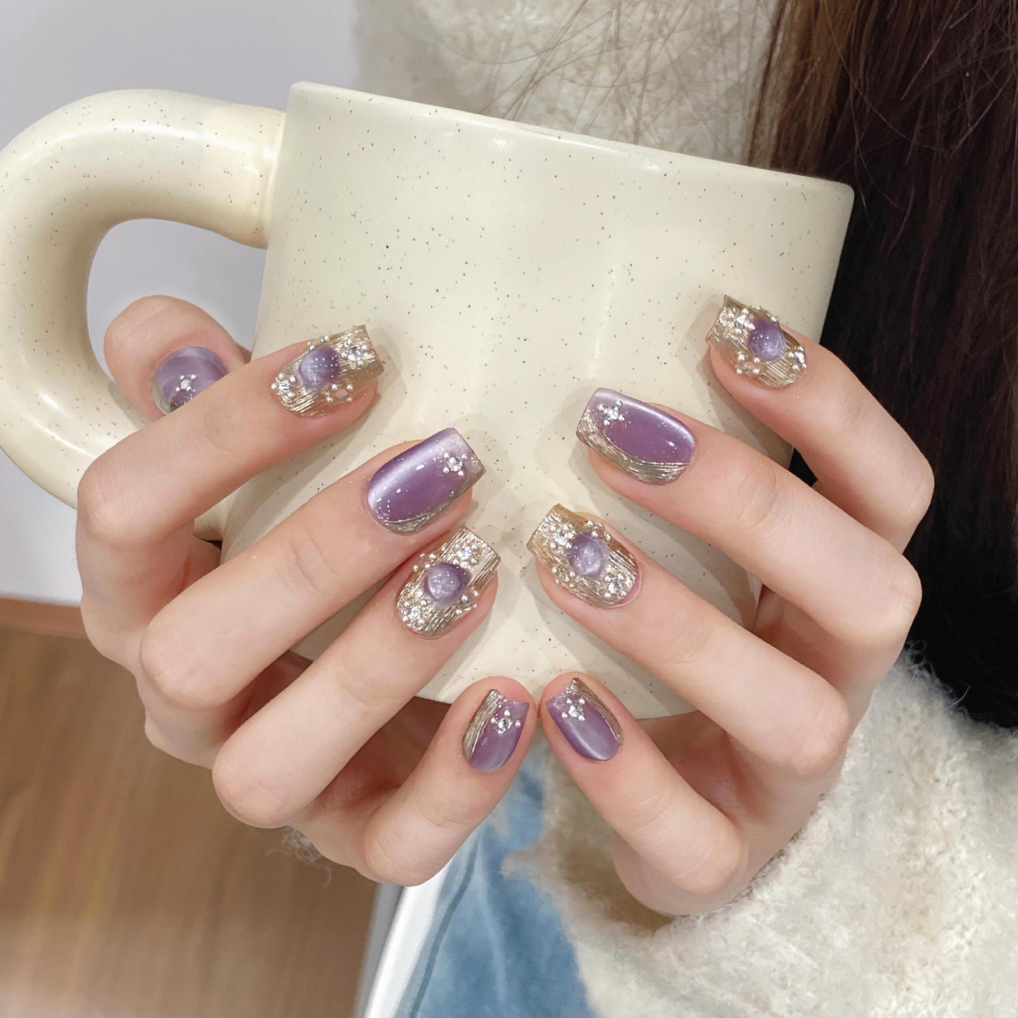 Purple Purified Handmade False Nail Premium Silk Cat Eye Nail Reusable