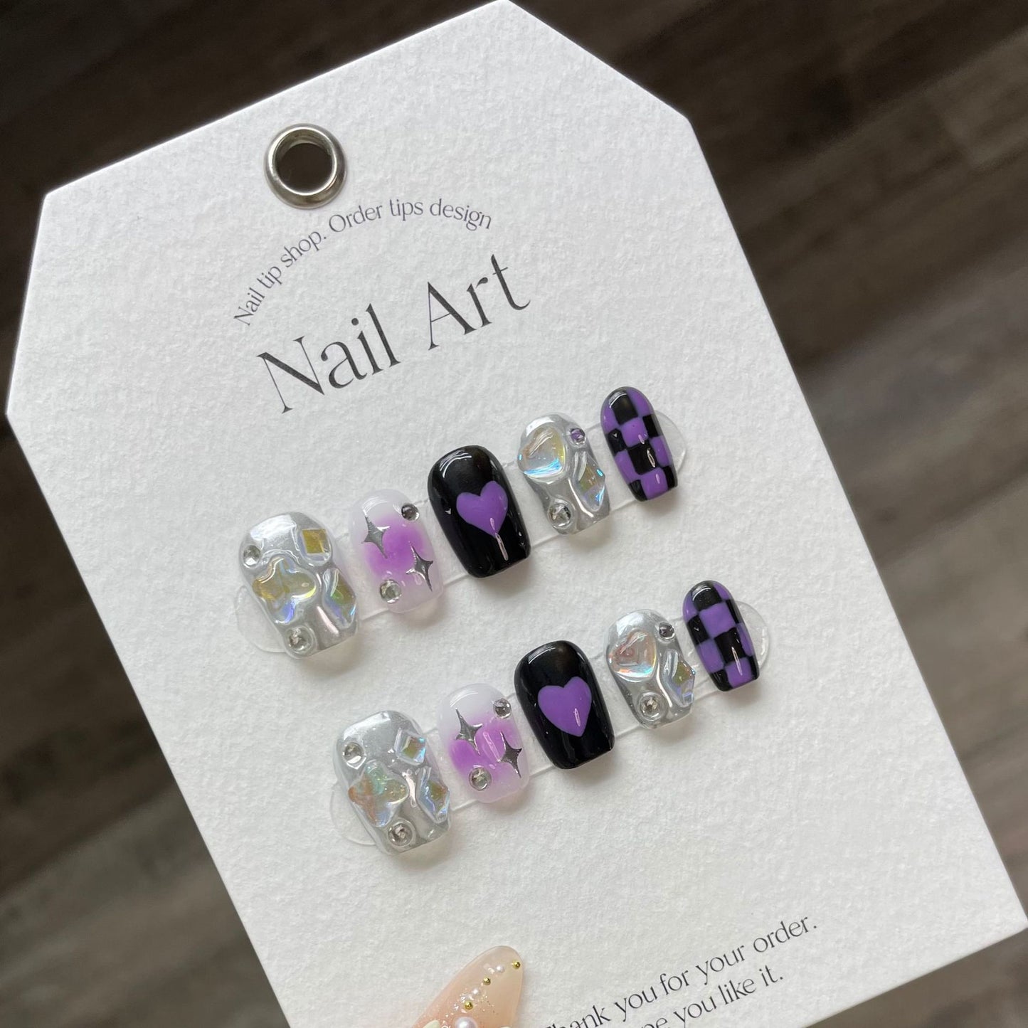Handmade nail, press on nail, dark purple color, Millennium Girl, silver magic mirror, chessboard pattern nail art