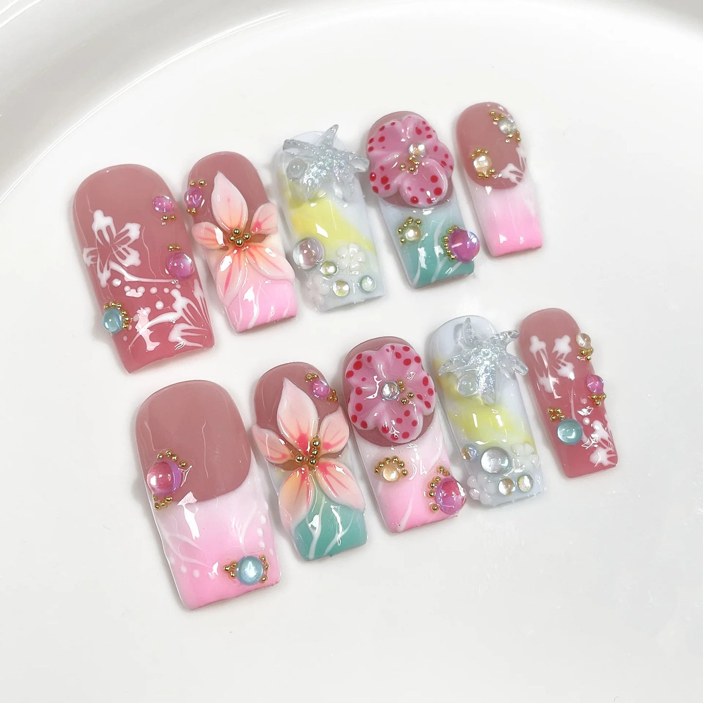 10Pcs Mid-length Square Pink False Nail Dreamy Gradient Ocean-style Nail Art Sweet 3D Flowers Hot Girl Wearable Manicure Fashion