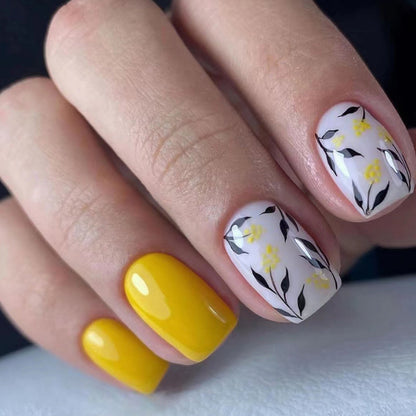 Short square summer yellow leaf design press on nail-24 pcs & nail tools