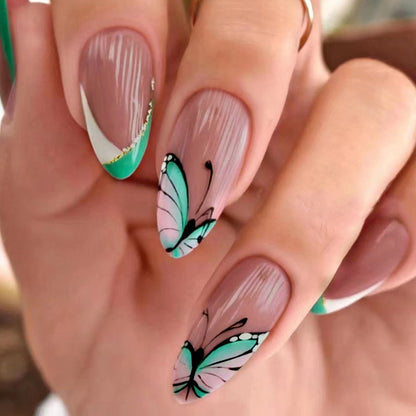 Short Almond nail French style cuties butterfly design nail art press on