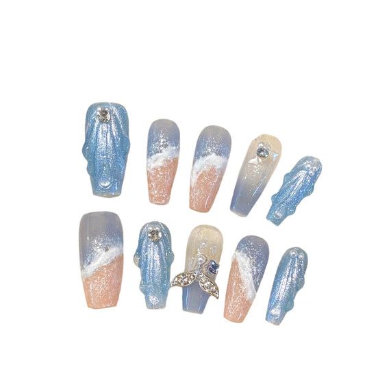 Summer beach vibe nail Handmade sea wave and 3D design